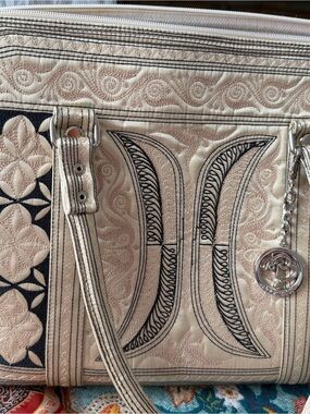 Banda Bags Cream Quilted Tote with Black Embroidered Accents and Charm